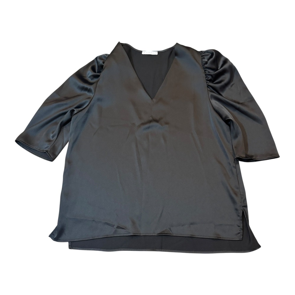 Karlie Black Satin Top Women's Large‎ Blouse V Neck Ruched Sleeve Party